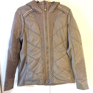 Athleta Rock Ridge PrimaLoft Jacket L Astronomy Grey Quilted Hooded EUC